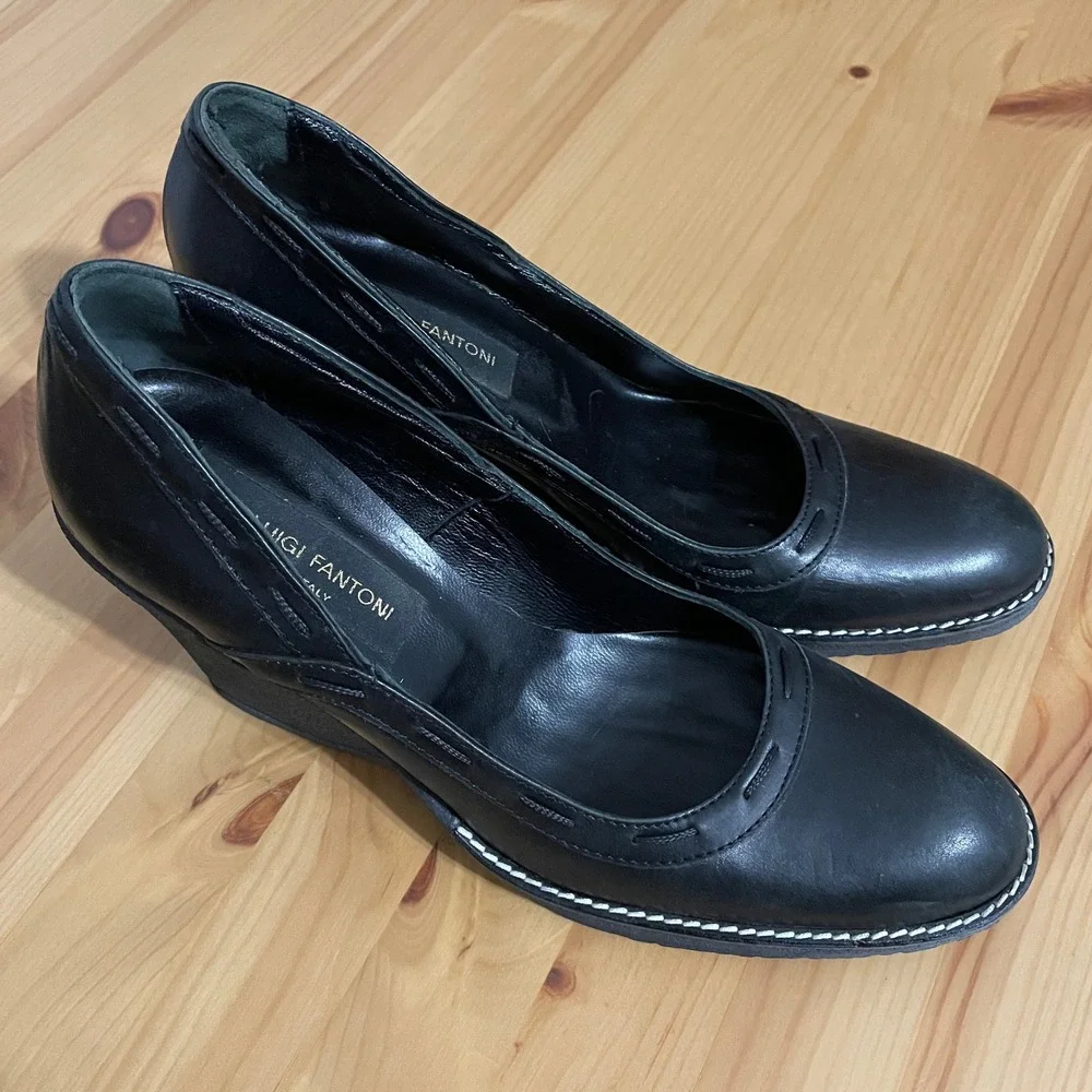 Pierluigi Fantoni‎ Womens Black Leather Slip-On Wedge Pump Heels Size 38